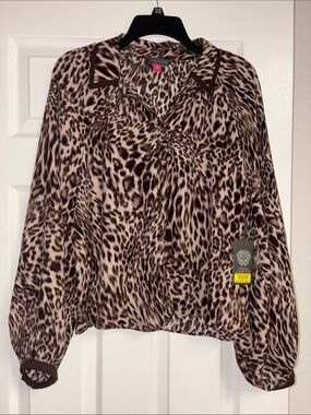Vince Camuto Brown and Cream Leopard-Print Long Sleeve Blouse NWT MEDIUM 💗